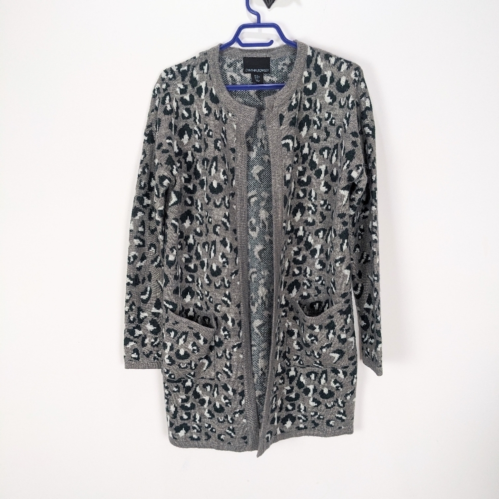 Cynthia Rowley Gray Leopard Knit Acrylic Alpaca Blend Open Long Line Cardigan M - Picture 6 of 7